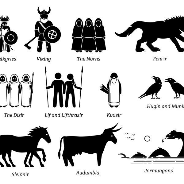 Ancient Norse Nordic Mythology People Monsters Creatures Characters Valkyrie Lifthrasir Germanic Hugin Digital Download Icons PNG SVG Vector