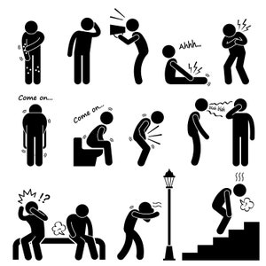 May include: Black and white stick figure illustrations depicting various symptoms of illness, including coughing, sneezing, vomiting, diarrhea, and pain. The illustrations are simple and easy to understand, making them ideal for use in educational materials or medical settings.