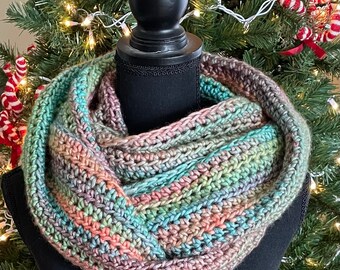 Multicolored Infinity Scarf, Blue and Green Infinity Scarf, Crochet Infinity, light crème with off white and light greys. Large And Soft!