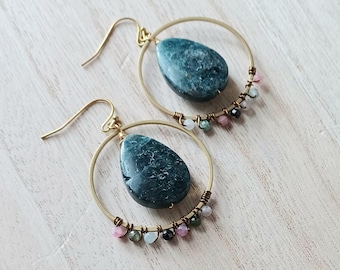 Apatite and tourmaline earrings, brass dangles, wire wrapped stones, geometric, modern jewelry, earthy gemstones, handmade present for her