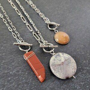 front toggle clasp necklace, chunky gemstone pendant, stainless steel paperclip chain, fall jewelry