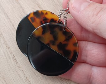 Tortoise shell acetate earrings, big dangle earrings, round lightweight earrings, boho hippie, gifts for her, brass or stainless steel