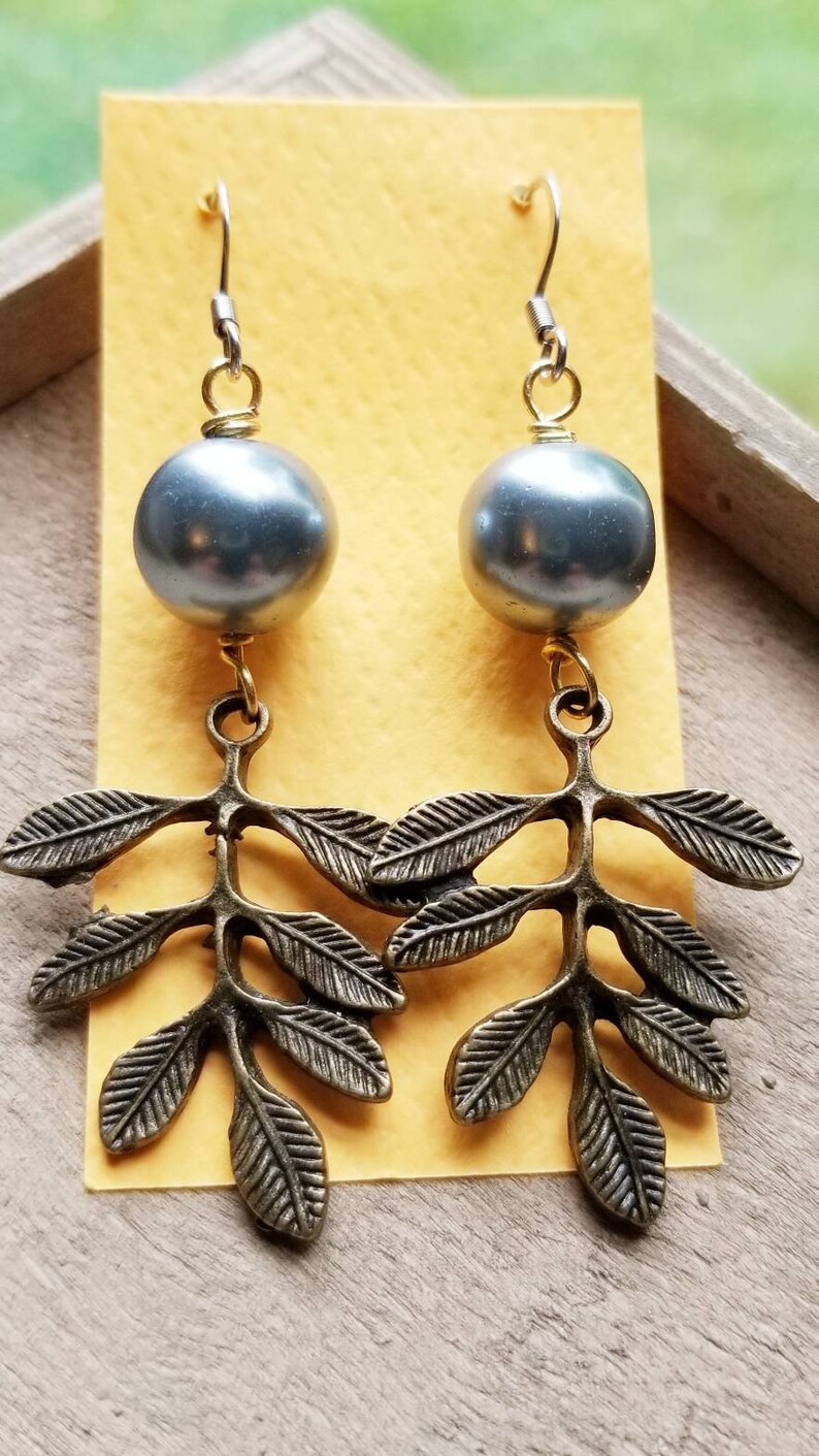 glass pearls Clearance earrings long leaf earrings gifts for her,gray pearl brassy colored leaves womans dangle earrings nature