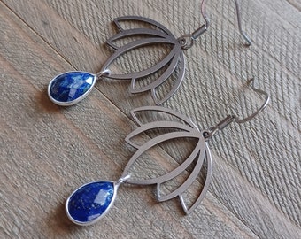 Lapis teardrops and stainless steel lotus earrings, blue and silver dangles, lightweight jewelry, gifts for her, handmade presents, boho