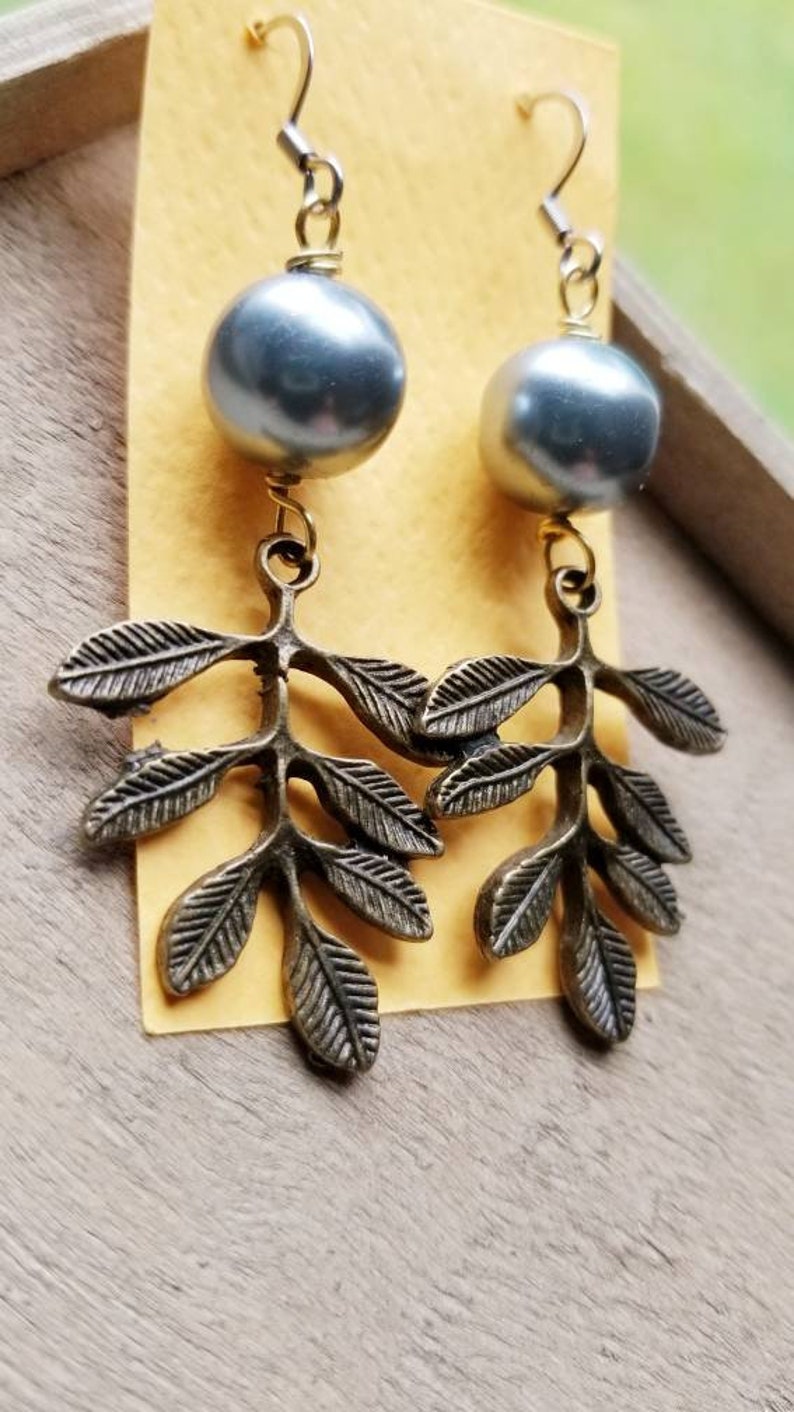 glass pearls Clearance earrings long leaf earrings gifts for her,gray pearl brassy colored leaves womans dangle earrings nature