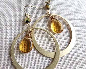 Brass Hoop Earrings: Czech Glass Teardrop Dangles, Boho Jewelry