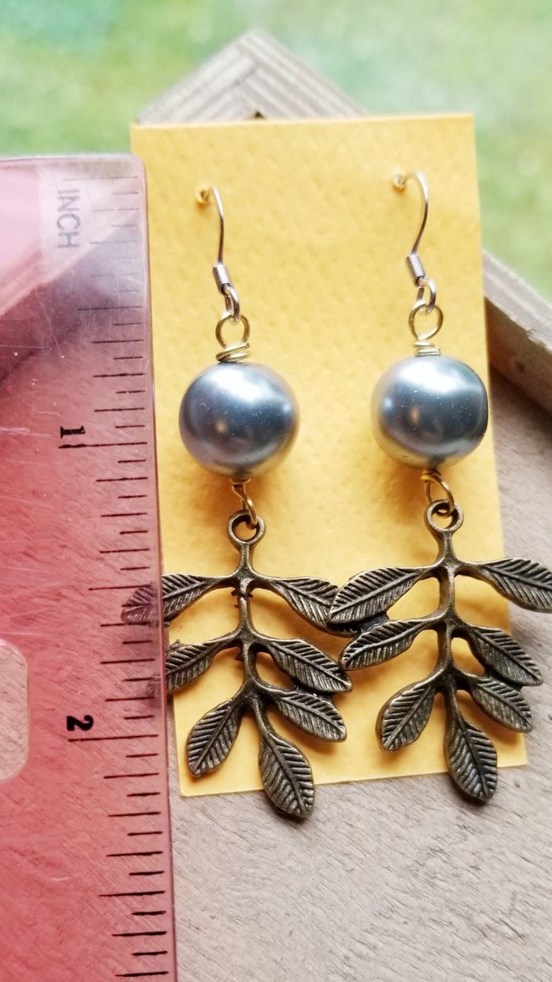 glass pearls Clearance earrings long leaf earrings gifts for her,gray pearl brassy colored leaves womans dangle earrings nature