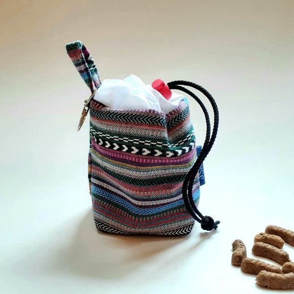 Boho style dog treat bag, cotton pet treat pouch, clip on dog training snack pack, treat holder for dog training, dog poo bag holder