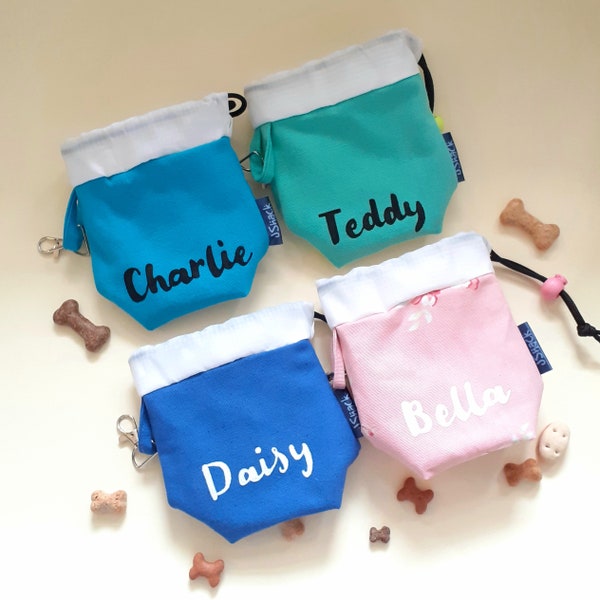 Personalised treat bag, cotton pet treat pouch, clip on dog name snack pack, dog training treat holder, dog poo bag holder