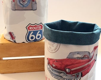 Cestino di stoccaggio in tessuto fatto a mano, coperchio decorativo per vasi per piante, cestino reversibile Route 66, cesto regalo per decorazioni per la casa, cestino per giocattoli