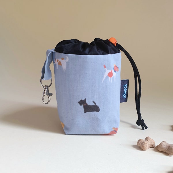 Drawstring dog treat bag, grey pet treat pouch, clip on puppy training snack pack, treat holder for training, poo bag holder, cartoon dogs