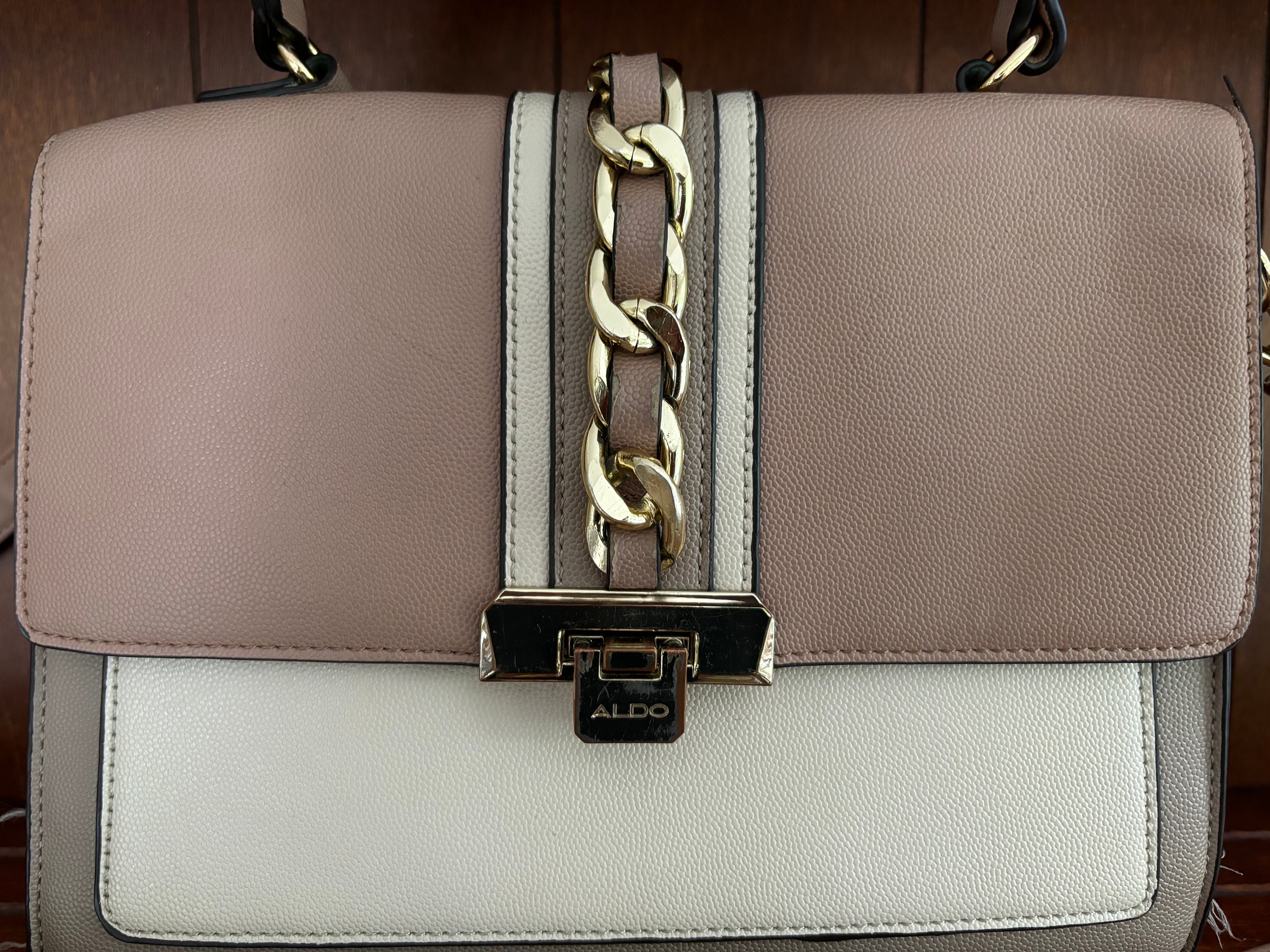 Beautiful Aldo Top Handle Beige Tan Pink Handbag. Includes Should Strap Chain. BIW Is Lovely and Many Inside Pockets Make This Bag Perfect