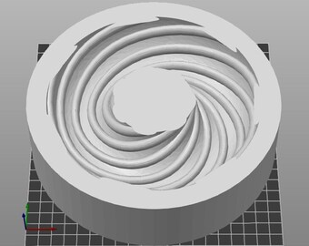 May include: A white 3D printed mold with a spiral design. The mold is circular and has a hole in the center.