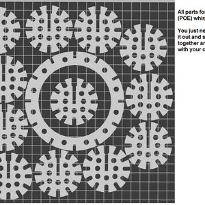 May include: A diagram showing the parts needed to build a whirlpool coil for an abha (POE) system. The diagram shows a series of circles with holes and a larger circle with a central hole. The text on the right side of the image reads "All parts for abha (POE) whirlpool coil. You just need to print it out and stick together and wrap with your copper wire."