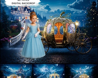 Può includere: Uno sfondo digitale con un castello da favola, una carrozza a forma di zucca e una bambina vestita da principessa. La scena è ambientata sotto un cielo notturno stellato con una luna crescente. Il testo "SET 4 FILE DIGITAL BACKDROP" è visibile nell'angolo in alto a sinistra.