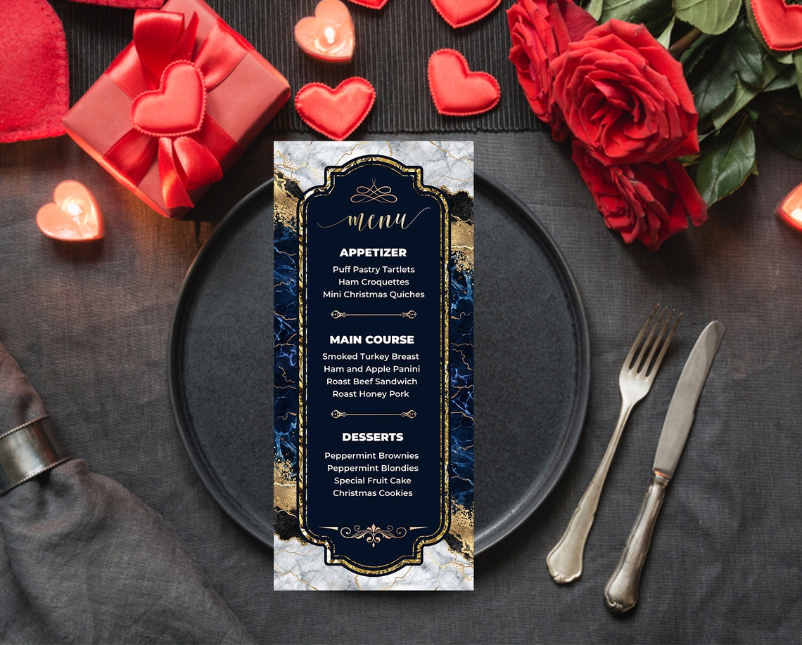 Editable Blue Marble and Gold Menu Template Dinner Menu Etsy