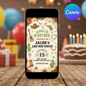 Editable Saddle Up Birthday Mobile Invitation | Cowboy Western Digital Kids Party E-invite Template | Rodeo Birthday Invitation