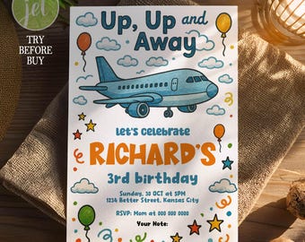 Airplane Birthday Invitation, Hand Drawn Party (Digital File)