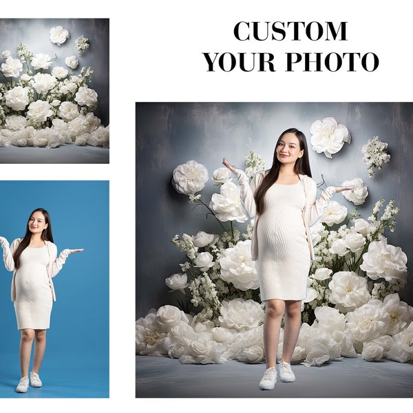 Maternity Backdrop with White Carnation Flowers, Maternity Photo Shooting Backdrop, Maternity Overlay Backdrop AI Generator