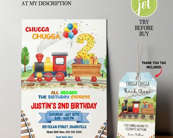 Einladung zum 2. Geburtstag mit dem Zug, mit Anhänger (Digitaler Download)