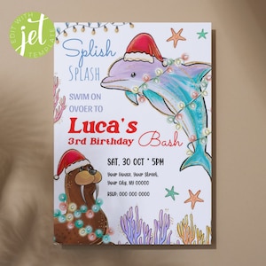 Editable Dolphin Birthday Invitation, Under the Sea Party, Printable Dolphin Birthday Invite, Dolphin  Birthday Christmas Party