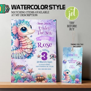 Invitación de cumpleaños de caballito de mar, bajo el mar Invitación de cumpleaños de caballito de mar editable e imprimible SH01