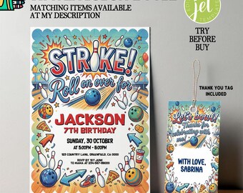 May include: A watercolor-style bowling-themed birthday invitation and thank you tag. The invitation features the text "Strike! Roll on over for Jackson's 7th Birthday" with bowling pins, balls, and food illustrations. The tag says "Let's bowl! Thanks for celebrating with me!"