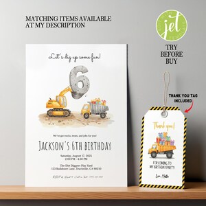 Op de afbeelding: Een uitnodiging en bedankje voor een verjaardagsfeestje met bouwmachines. De uitnodiging bevat de tekst "Let's dig up some fun!" en "Jackson's 6th Birthday." Op het bedankje staat "Thank you!" en "For coming to my birthday party."
