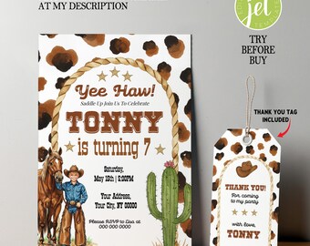 Op de afbeelding: Een cowboy-thema verjaardagsuitnodiging en bedankje. De uitnodiging toont een cartoon cowboy, paard en cactus. De tekst luidt "Yee Haw! Tonny wordt 7" met evenementdetails. Het label zegt "Bedankt!" met een cowboyhoed.