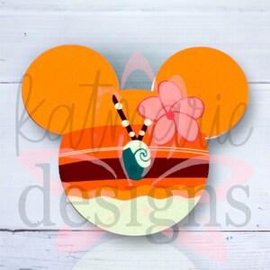 K&ouml;nnte beinhalten: Orangefarbene Mickey-Maus-Ohren mit einem braunen, orangefarbenen und wei&szlig;en Streifenband, einer blaugr&uuml;nen und wei&szlig;en Muschel und einer rosa Blume.