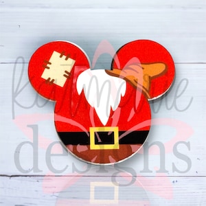 May include: Red and white Mickey Mouse ears with a Santa Claus design. The ears are decorated with a white beard, a red suit, a black belt, and a brown hat.