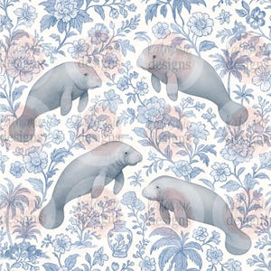 May include: A repeating pattern featuring four watercolour manatees in shades of grey and pink, set against a backdrop of blue floral and botanical elements. The design includes flowers, leaves, and palm trees, creating a whimsical and elegant aesthetic.