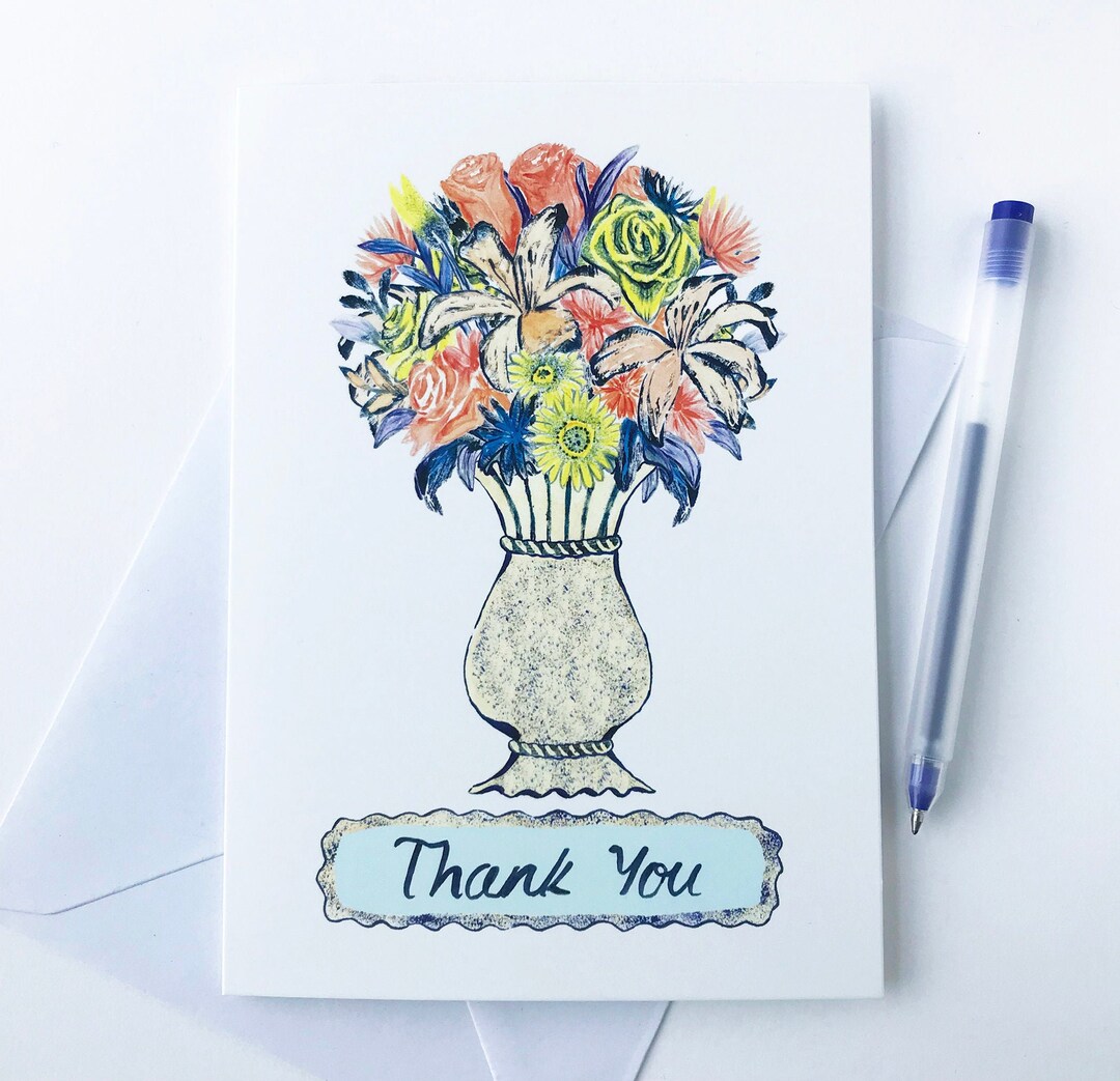 Handmade Floral Thank You Card – Illustrated Flower Bouquet - Etsy