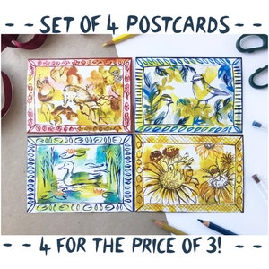 Set of 4 A6 nature themed postcards postcard set wildlife postcards bee duck bluetits hedgehog handmade cards uk wildlife image 1