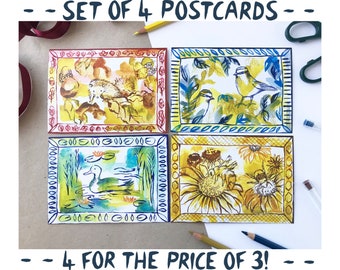 Set of 4 A6 nature themed postcards - postcard set - wildlife postcards - bee - duck - bluetits - hedgehog - handmade cards - uk wildlife