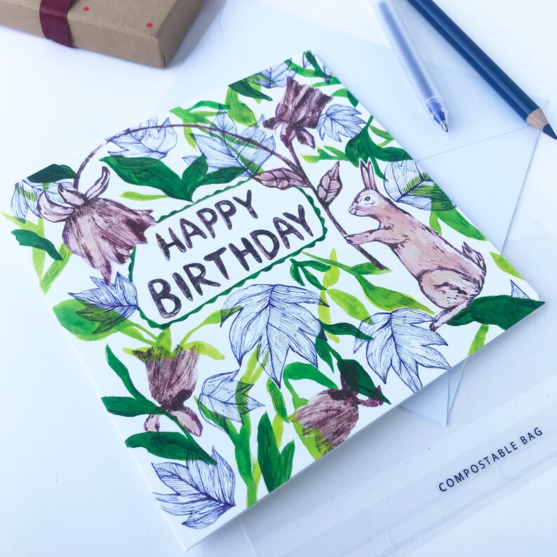 Happy Birthday card Rabbit and plants, Floral card, May birthday card, nature greetings card, handmade illustrated cards, bunny artwork image 7