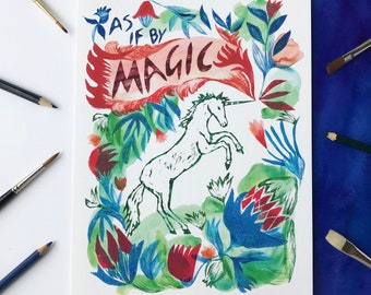 Unicorn giclee art print, hand lettered art print, positive message print, nature themed art print, hand drawn art, art for a wall, artwork