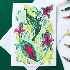 Cartão de pássaro e floral, cartão de felicitações para qualquer ocasião, cartões para ela, cartões com tema de natureza, cartões desenhados à mão, cartões bonitos, cartões com tons retrô