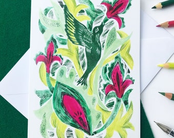 Bird and floral card, any occasion greetings card, cards for her, nature themed cards, hand drawn cards, pretty cards, retro tinged cards