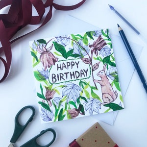Happy Birthday card Rabbit and plants, Floral card, May birthday card, nature greetings card, handmade illustrated cards, bunny artwork image 3
