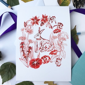 Kaninchen und Pflanzen kleiner Kunstdruck - A5 Postkartenkunst, 50 Prozent Rabatt, Tier und Natur Kunst, Kaninchen und Pflanzen Druck Verkauf