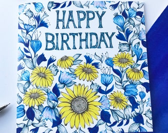 Floral birthday card, card for her, happy birthday card, female birthday, illustrated card, greetings card, handmade card, hand lettered