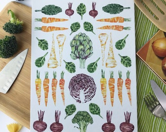 May include: A white background with a colourful illustration of various vegetables. The vegetables include carrots, parsnips, artichokes, red cabbage, beetroot, and broccoli.