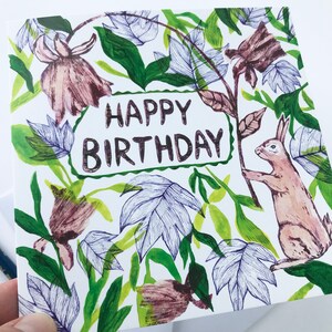 Happy Birthday card Rabbit and plants, Floral card, May birthday card, nature greetings card, handmade illustrated cards, bunny artwork image 6