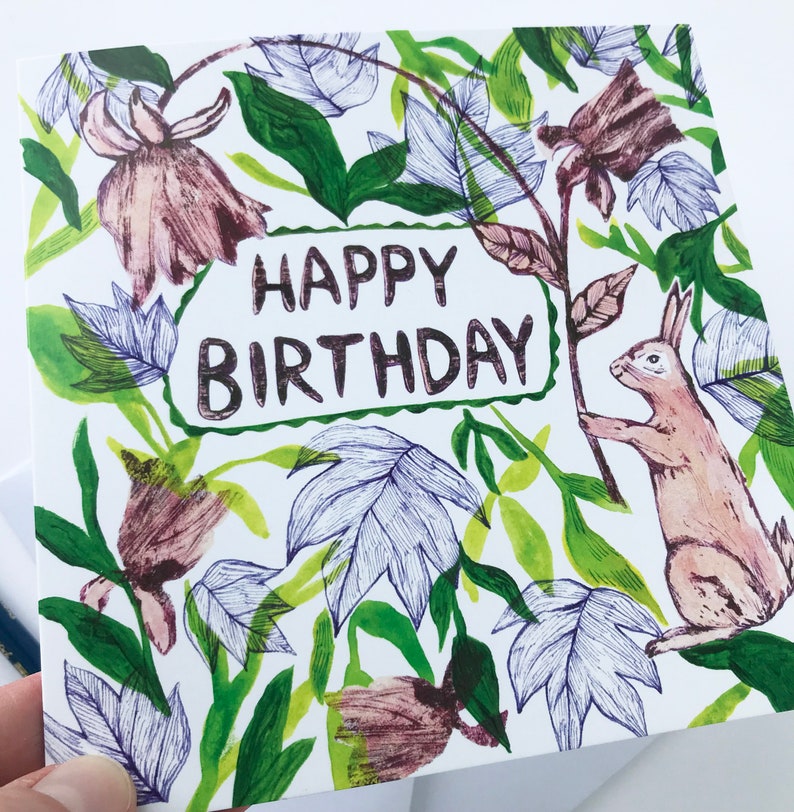 Happy Birthday card Rabbit and plants, Floral card, May birthday card, nature greetings card, handmade illustrated cards, bunny artwork image 6