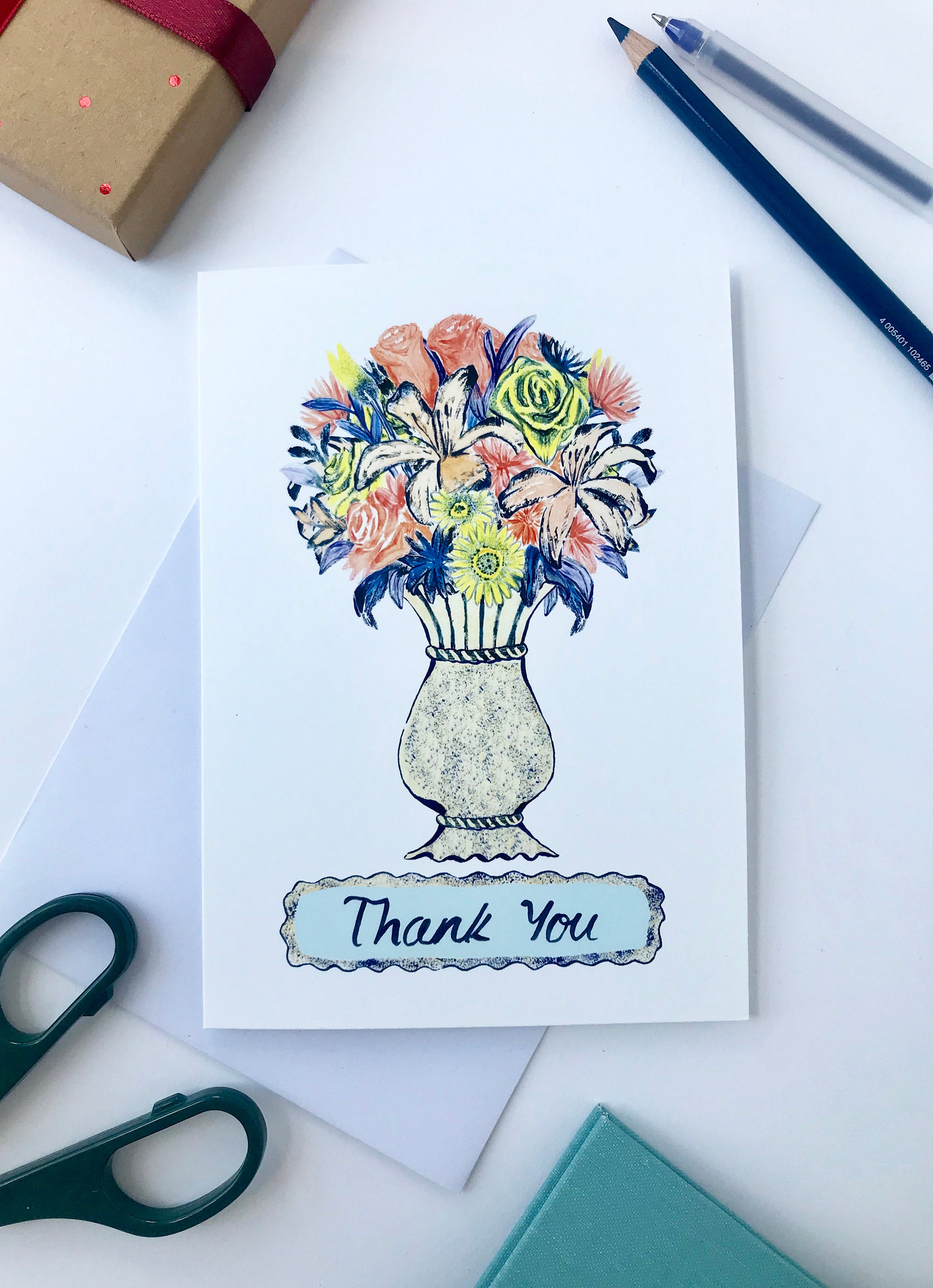 Handmade Floral Thank You Card – Illustrated Flower Bouquet - Etsy