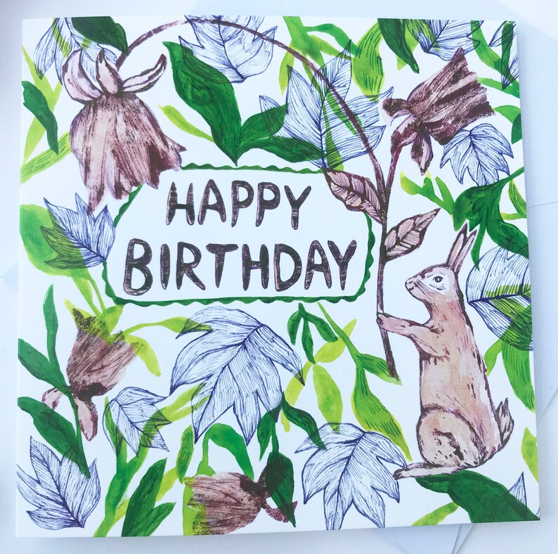 Happy Birthday card Rabbit and plants, Floral card, May birthday card, nature greetings card, handmade illustrated cards, bunny artwork image 4