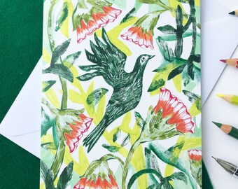 Flying bird greetings card, bird and flowers card, decorative greetings cards, pretty cards, cards for her, any occasion hand made cards,