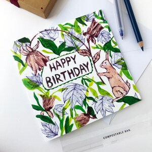 Happy Birthday card Rabbit and plants, Floral card, May birthday card, nature greetings card, handmade illustrated cards, bunny artwork image 5