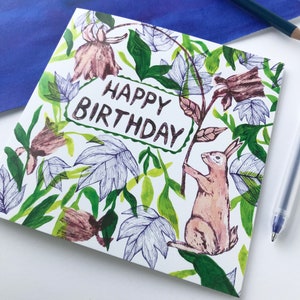 Happy Birthday card Rabbit and plants, Floral card, May birthday card, nature greetings card, handmade illustrated cards, bunny artwork image 2